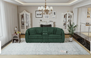 lot 29493 image: Oversized two-seat curved solid wood sofa with high quality sponge filling with 2 cup holders - Emerald-Retail-$1599.99