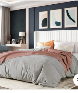 lot 29498 image: Velvet Upholstered Platform Bed Frame with Vertical Line Tufted Adjustable Headboard