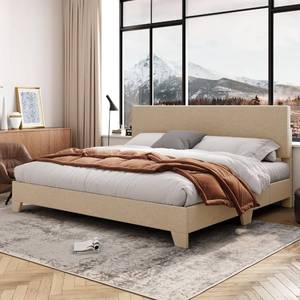 lot 29514 image: King Size Bed Frame with Adjustable Headboard, Upholstered Platform Bed with Wood Slats, Heavy Duty Mattress Foundation, No Box Spring Needed, Noise-Free, Easy Assembly, Beige