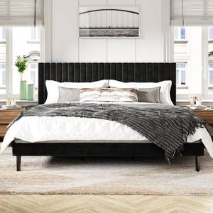 lot 29517 image: Sismplly King Size Bed Frame with Velvet Upholstered Headboard, Platform Bed with Strong Wood Slats, Mattress Foundation, Box Spring Optional, Easy Assembly, Black
