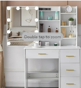 lot 29529 image: Yamissi Makeup Vanity Desk w Lighted Sliding Mirror, Dressing Table with 10 LED Light Bulbs & Charging Station for Girls, White