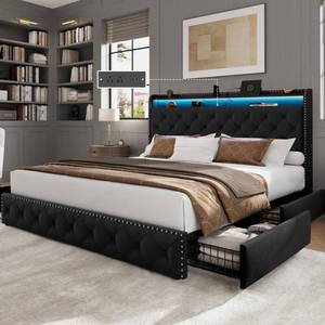 lot 29550 image: LARMACE King Size Bed Frame with 4 Storage Drawers Velvet Upholstered Tufted Bed Frame King Size with LED Lights & USB Charging Station, Heavy Duty PlatformNo Box Spring Needed, Easy Assembly,Black