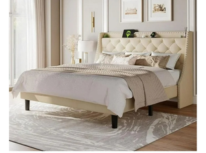 lot 29551 image: iPormis Full Bed Frame with Upholstered Wingback Button Tufted Storage Headboard, Luxurious Platform Bed with Charging Station, Beige
