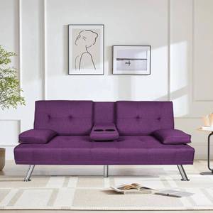 lot 29558 image: SUNYUHUI Modern Futon Sofa Bed, Upholstered Rmovable Armrests Sofa with Cup Holder (Purple), asad6sad59sad