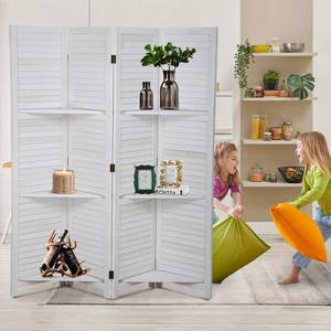 lot 29559 image: 5.7Ft Tall Room Divider Privacy Screen Folding Wood Screen with Three Shelves Portable Partition Screen Dressing Screen for Home Office Beauty Salong, 4 Flexible Panel Foldable Screen, Natural