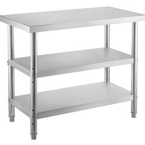 lot 29568 image: VEVOR Outdoor Food Prep Table, 48x14x33 in Commercial Stainless Steel Table, 2 Adjustable Undershelf BBQ Prep Table, Heavy Duty Kitchen Work Table, for Garage, Home, Warehouse, and Kitchen Silver