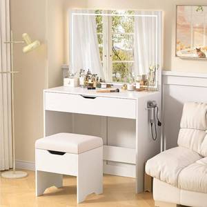 lot 29569 image: VECELO Vanity Desk Set with LED Lighted Mirror & Power Outlet, Makeup Table with Large Drawer, Storage Stool and Hair Dryer Stand, for Bedroom, White