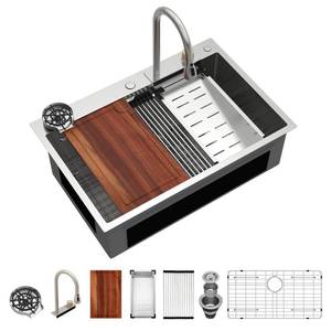 lot 29571 image: Logmey 33 Inch Waterfall Kitchen Sink Workstation Smart Sinks 33x22x9 Inch Drop In Kitchen Sink with faucet Combo Stainless Steel 16-Gauge Single Bowl Topmount Sinks