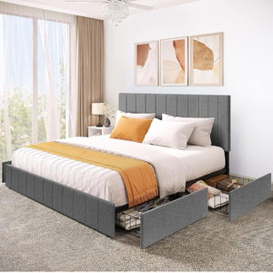 lot 29591 image: YITAHOME King Size Bed Frame, Upholstered Bed Frame with 4 Storage Drawers, Adjustable Headboard Platform Bed Mattress Foundation with Sturdy Wood Slat Support, No Box Spring Needed White