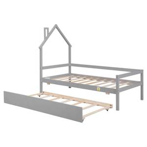 lot 29614 image: CIGEGE Twin House Wooden Daybed with Trundle, Twin House-Shaped Headboard Bed with Guardrails,Grey
