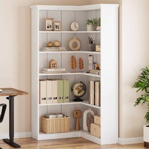 lot 29619 image: IDEALHOUSE Corner Bookshelf 72.8in Farmhouse Bookcase Large Bookshelves Wood Bookcase Tall 5 Tier Corner Shelf L Shaped Bookshelf Living Room Bedroom (Moon White, Full Panel)