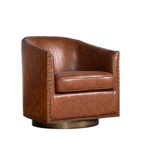lot 29636 image: Flash Furniture Myles Upholstered Barrel Chair, Commercial 360° Swivel Club Style Chair, Nail Head Trim, Brushed Metallic Vinyl Wrapped Metal Base, Brown LeatherSoft