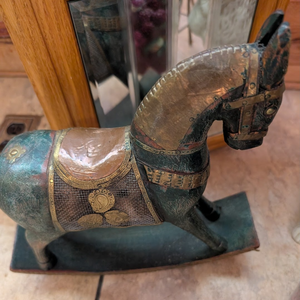 lot 530 image: Decorative Child Sized Riding Rocking Horse Statue with Ornate Metal Accents