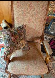 lot 566 image: Floral Upholstered Wooden Armchair with Carved Details