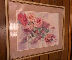 lot 580 image: Framed Floral Watercolor Print - Pink Roses and Lilacs approx 22x34