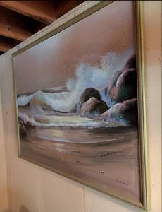 lot 584 image: Original Seascape Oil Painting by Andrew - Crashing Waves- Large piece approx 36x30