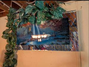 lot 587 image: Waterfall Mirror Wall Art with Artificial Plants approx 36x20