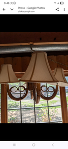 lot 589 image: 3-Light Wood and Metal Chandelier with Beige Shades