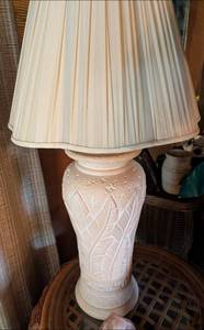lot 599 image: Two Ceramic Table Lamp with Leaf Pattern and Pleated Shade approx 30 inches tall