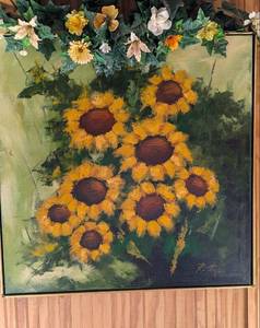 lot 601 image: Signed Sunflower Oil Painting with Floral Garland Frame- approx 26x34