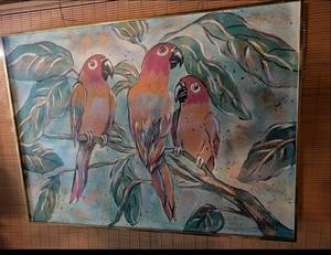 lot 608 image: Tropical Parrots Framed Wall Art Painting- large - approx 32x26