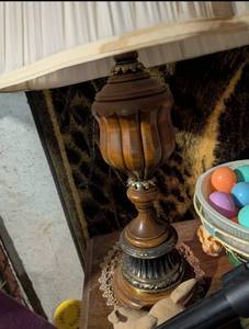lot 611 image: Carved Wood Table Lamp with White Pleated Shade