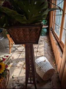 lot 614 image: Bamboo Woven Plant Stand with Geometric Pattern