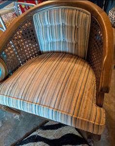 lot 620 image: Cane Back Barrel Chair with Striped Upholstery