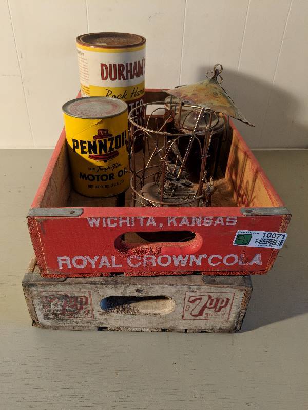 lot 10071 image: Antique Soda crates and oil cans