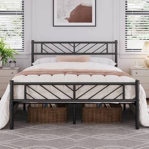 lot 9885 image: Yaheetech Queen Size Platform Bed Frame with Arrow Design Headboard, 13 Inches Metal Mattress Foundation for Storage, No Box Spring Needed, Easy Assembly, Modern, Black