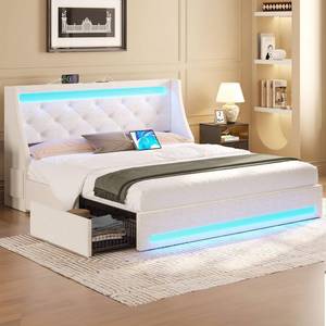 lot 9889 image: Rolanstar Full Bed Frame with LED Lights and Charging Station, Upholstered Bed with Drawers, Wooden Slats, Noise Free, Easy Assembly, Beige