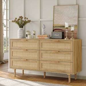 lot 9895 image: Wave 54 Wide 6 Drawer Dresser for Bedroom 6 Drawers Double Dresser for Closet Wooden Chest of Drawers with Solid-Wood Legs for Living Room, Natural