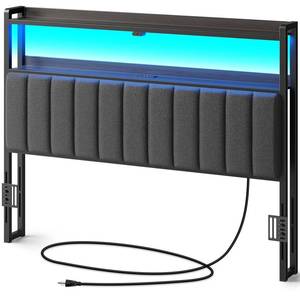lot 9909 image: Rolanstar Headboard for Queen Size Bed with Storage, 60,000 DIY Color of LED Light, Head Board with USB & Type C Port, Height Adjustable, Black Upholstered Cabeceras de Cama Comfortable Modern, Linen