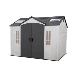 lot 9924 image: Lifetime Lockable Polyethylene Outdoor Storage Shed 10 x 8 Tan & Brown (60005) - Retail $2799
