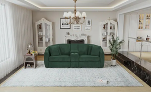 lot 9925 image: Oversized two-seat curved solid wood sofa with high quality sponge filling with 2 cup holders - Emerald-Retail-$1599.99