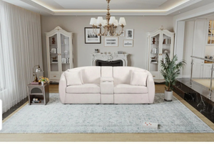 lot 9926 image: Oversized two-seat curved solid wood sofa with high quality sponge filling with 2 cup holders - Beige-Retail-$1599.99