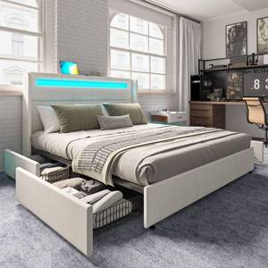 lot 9951 image: AMERLIFE Full Bed Frame with RGBW LED Lights Headboard & 4 Storage Drawers, Upholstered Smart Platform Bed with USB & USB-C Ports, Box Spring Optional, Grey