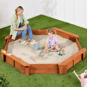 lot 9952 image: Best Choice Products Kids Large Octagonal Wooden Outdoor Sandbox with Cover w 4 Reinforced Benches, 8 Seats, XL Sandpit, Bottom Liner - Brown