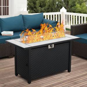 lot 35516 image: 45 Inch Fire Table for Outside 60000 BTU Steel Gas Fire Pit Outdoor Fire Pit Table with Woodgrain Marble Tabletop Glass Wind Guard Cover and Blue Crystal Beads