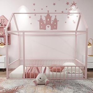 lot 35575 image: SVRCK Twin Size Metal House Bed Frame with Roof and Fence, Fun Play Area for Kids, Teens, Color Pink