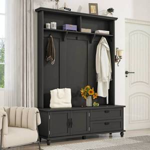 lot 35576 image: Flieks Modern Style Hall Tree with Storage Cabinet and 2 Large Drawers, Widen Mudroom Bench with 5 Coat Hooks, Black