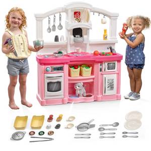 lot 35582 image: Step2 Fun with Friends Kids Kitchen Playset, IndoorOutdoor Kitchenette, Interactive Play with Lights and Sounds, Durable Plastic, Includes 25 Piece Toy Accessories, Toddlers 2 Years Old, Pink