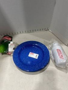 lot 1176 image: Coleman enamelware plates, soap and water bottle