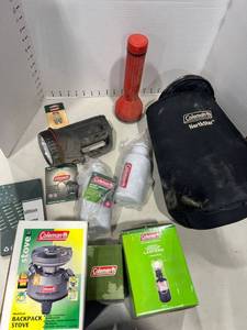 lot 1208 image: Coleman stove, camping supplies and more in Sterilite container no lid
