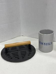 lot 2023 image: Cast iron slotted steak press with utensil holder