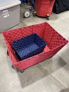 lot 3024 image: Woven baskets red one has wheels
