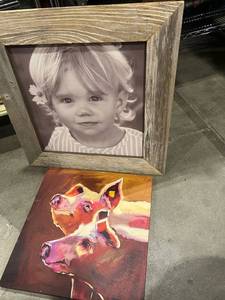 lot 3047 image: Wood framed wall decor 24x24 and stretched canvas wall decor 18x18