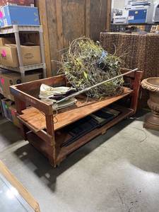 lot 3103 image: Wooden cart 30 x 62 x 28 in with wreaths, rake, folding chair and more
