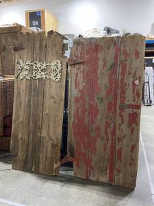lot 3104 image: Antique wooden doors (2) red one is 70 x 35 in