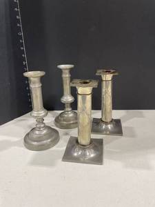 lot 4034 image: Pewter and silverplate candlesticks